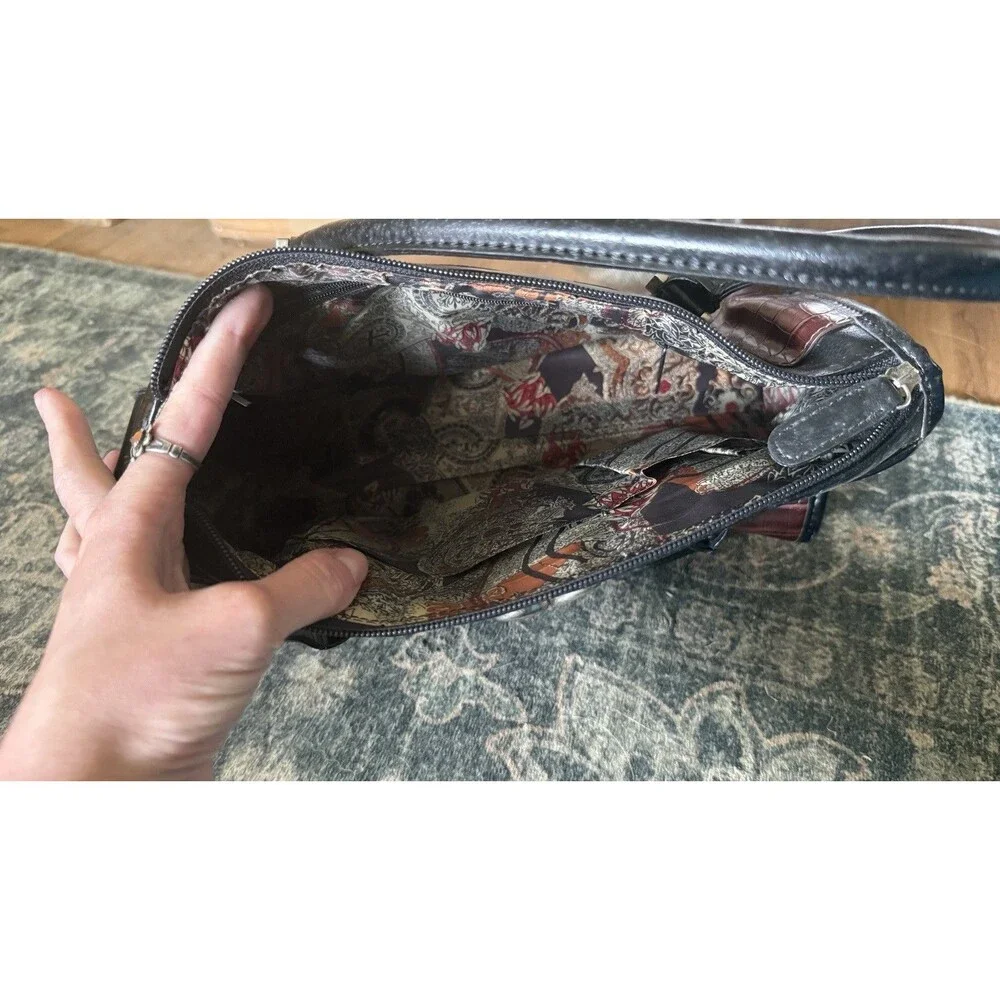 Brighton Black & Burgundy Heart Accent Tote Mock Croc Leather Shoulder Bag Purse